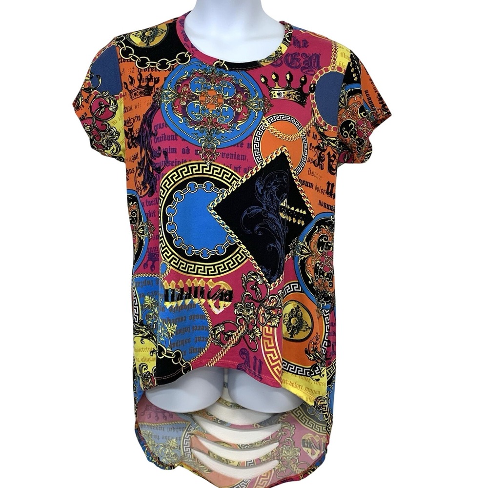 Rouge Novelty Print Top Woman 3X Stretch Cut Out Back Hi Low Beach Boho Feminine